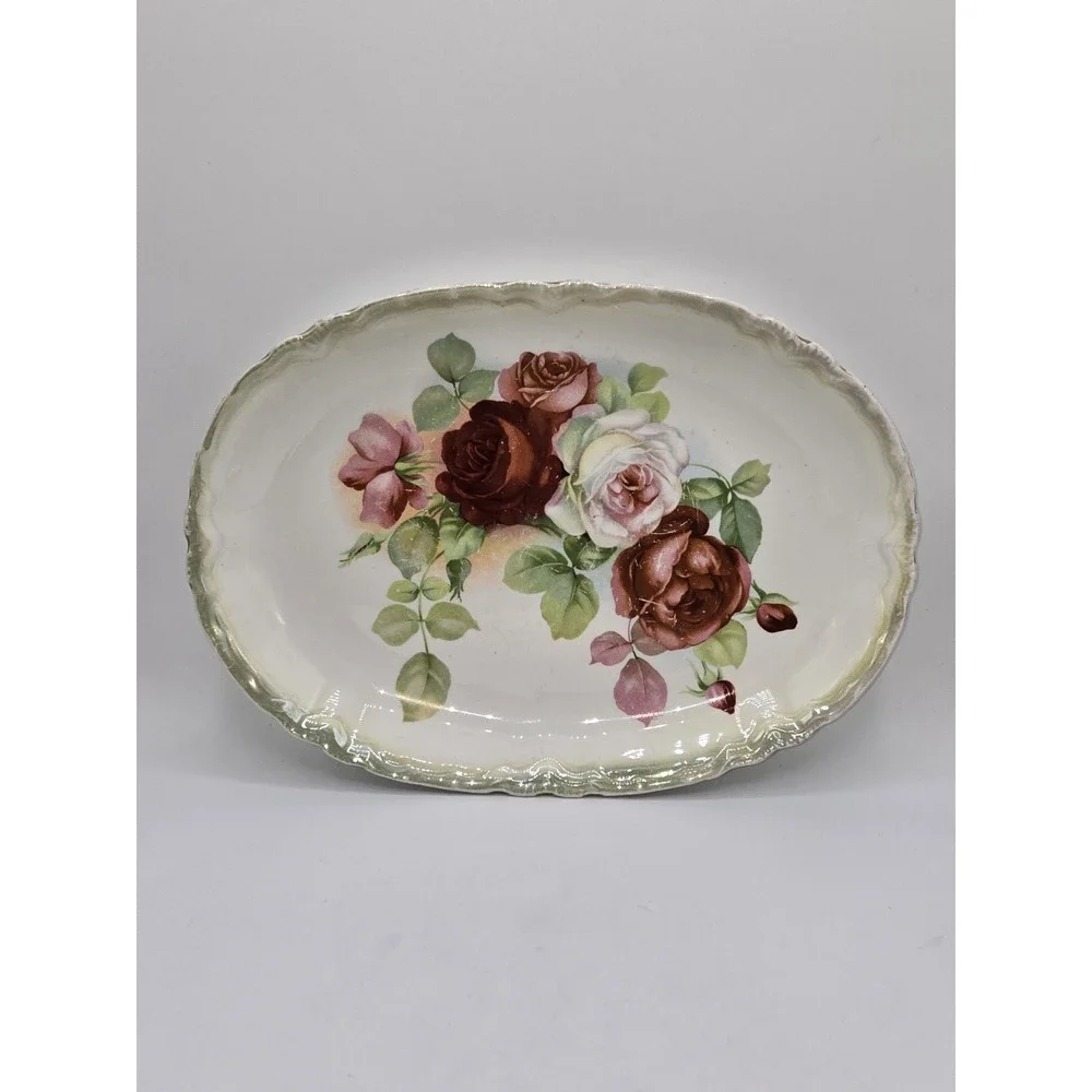 Antique Victorian Floral Transferware Oval Serving Platter Roses Scalloped 1891